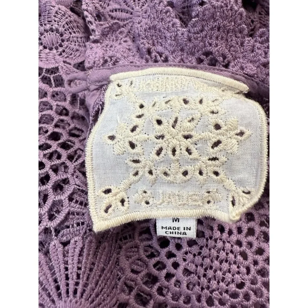 Johnny Was Lorrie Purple Crochet Lace Mini Dress Puff Sleeves Size Medium